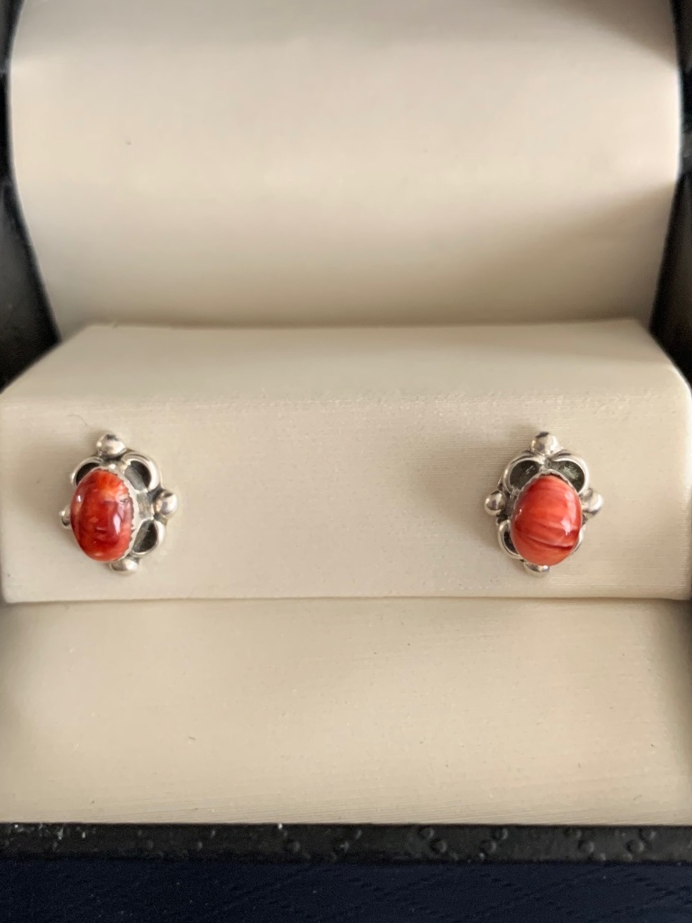 Southwestern Navajo Coral Silver Droplet Stud Earrings